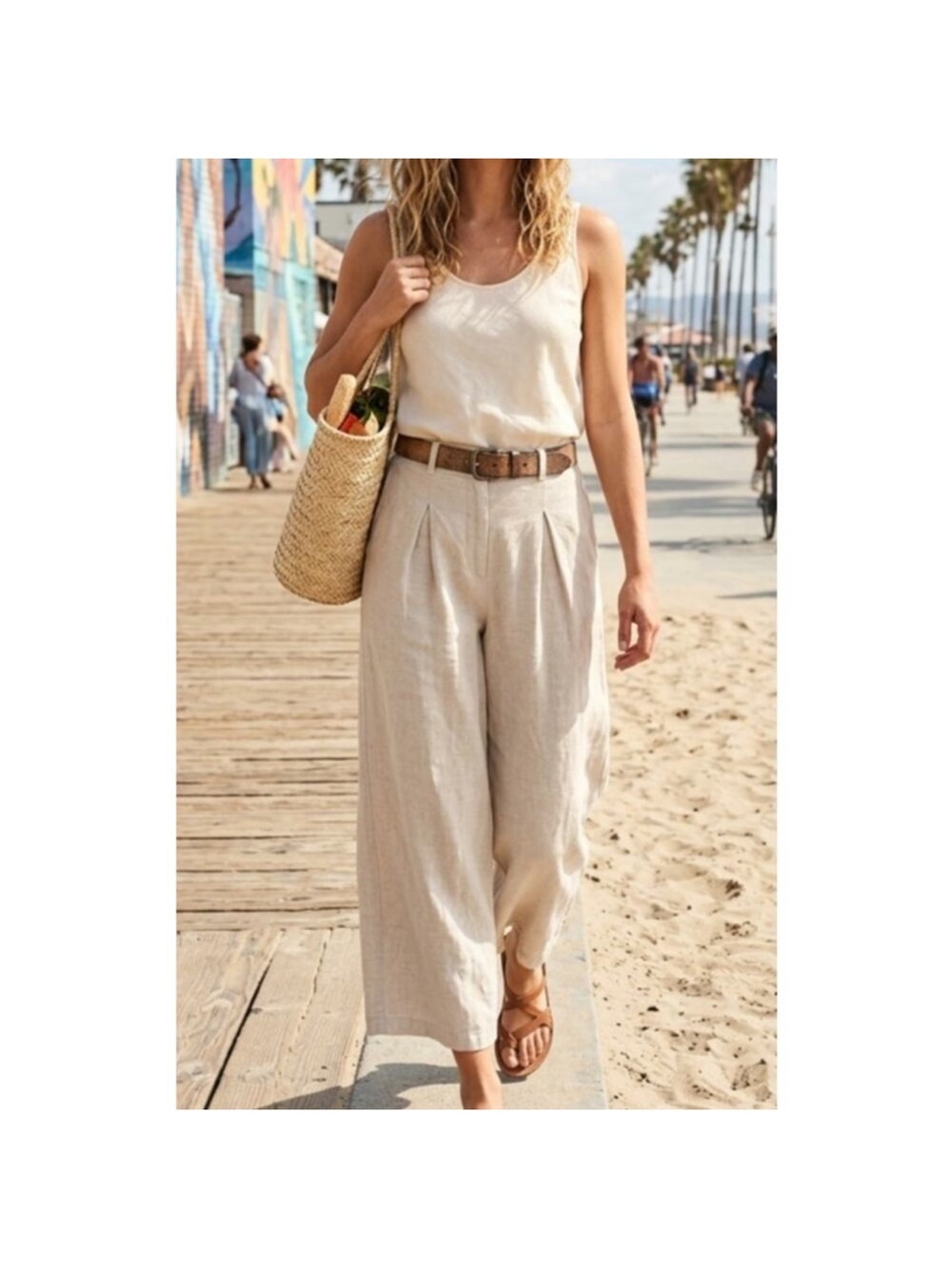 Halston 100% Linen Wide Leg Pleated Pants Cream Beige Size 10 EUC